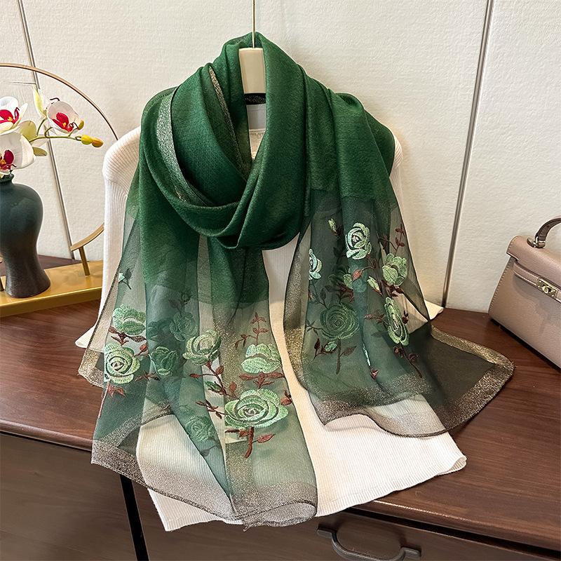 Simulation Silk Handmade Embroidered Scarf Spring And Autumn High-End Foreign Silk Scarf Femininity Easy To Match Decorative Shawl