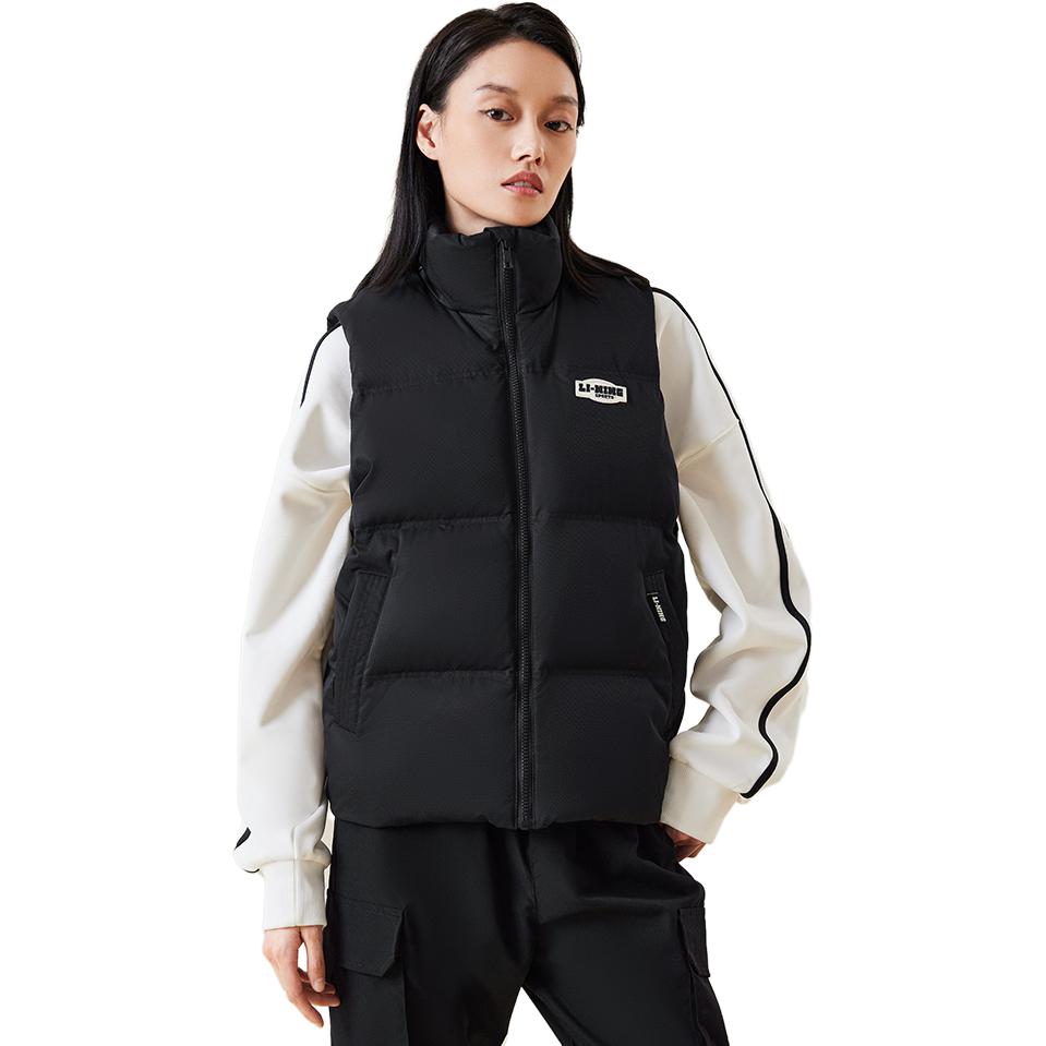 Li Ning Sports Lifestyle Series Solid Color Stand Collar Casual Warm Vest Women Vests Black AMRT060-2