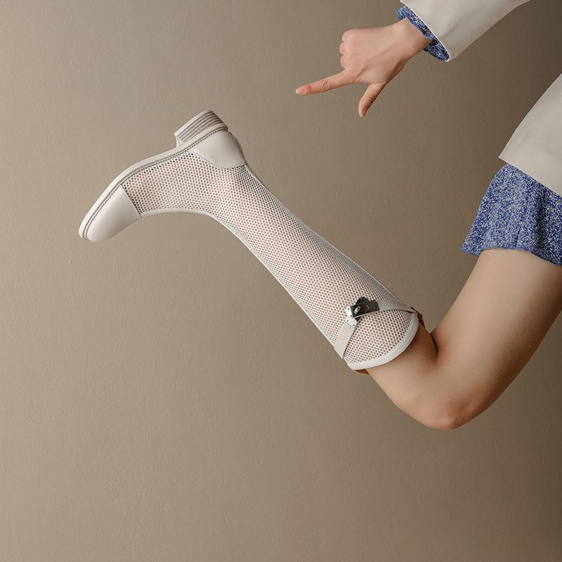 

Сетчатые ажурные сапоги-чулки для женщин на лето 2025 года, новые тонкие и дышащие сетчатые сапоги средней длины 40 покинуть белый