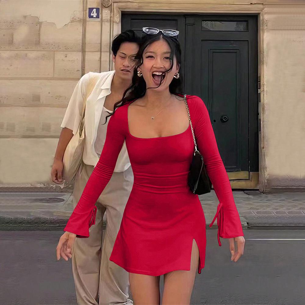 European & American Style Red Square Neck Dress for Women - Autumn/Winter High Waist, Versatile A-line with Slit