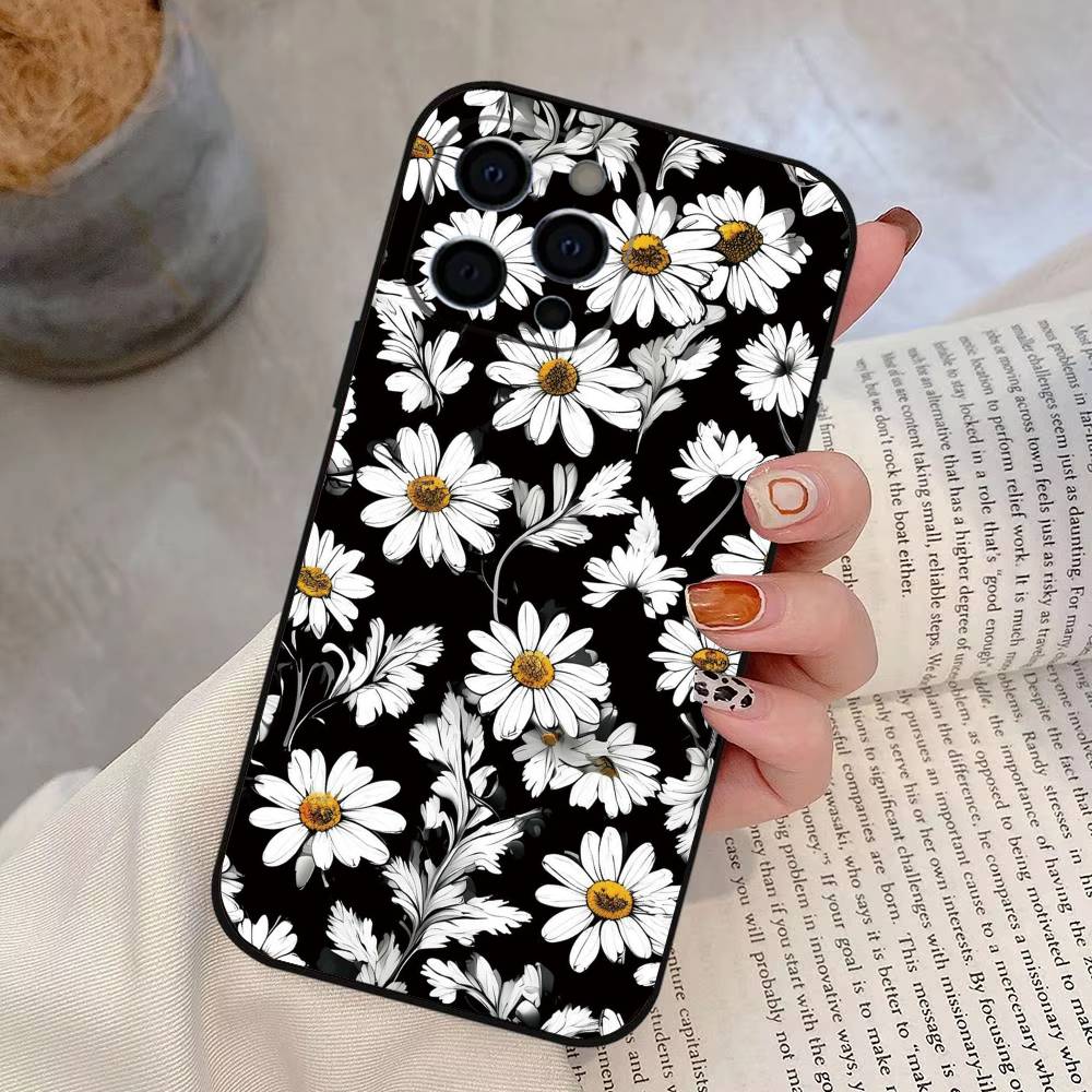 

Black & white daisy pattern Phone Case For iPhone 17, 16,15,14,13,12,11 Plus,Pro Max, Others Soft Black Cover iPhone17ProMax