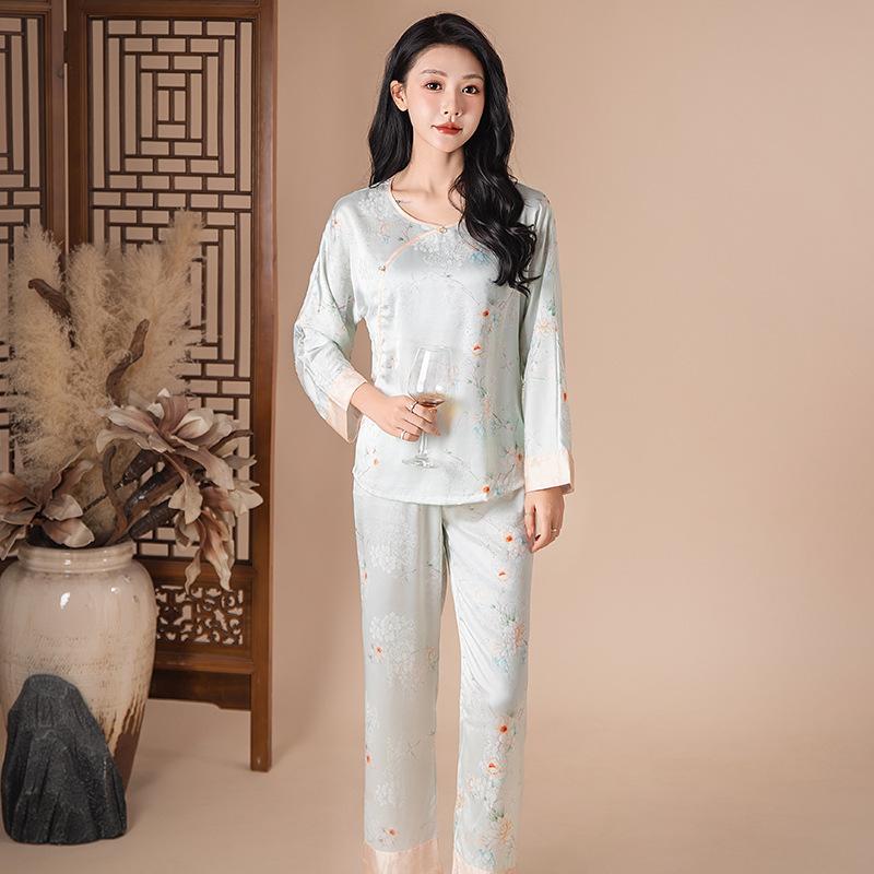 New ice silk pajamas women's new Chinese style jacquard long-sleeved suit spring and autumn silk light luxury thin loungewear