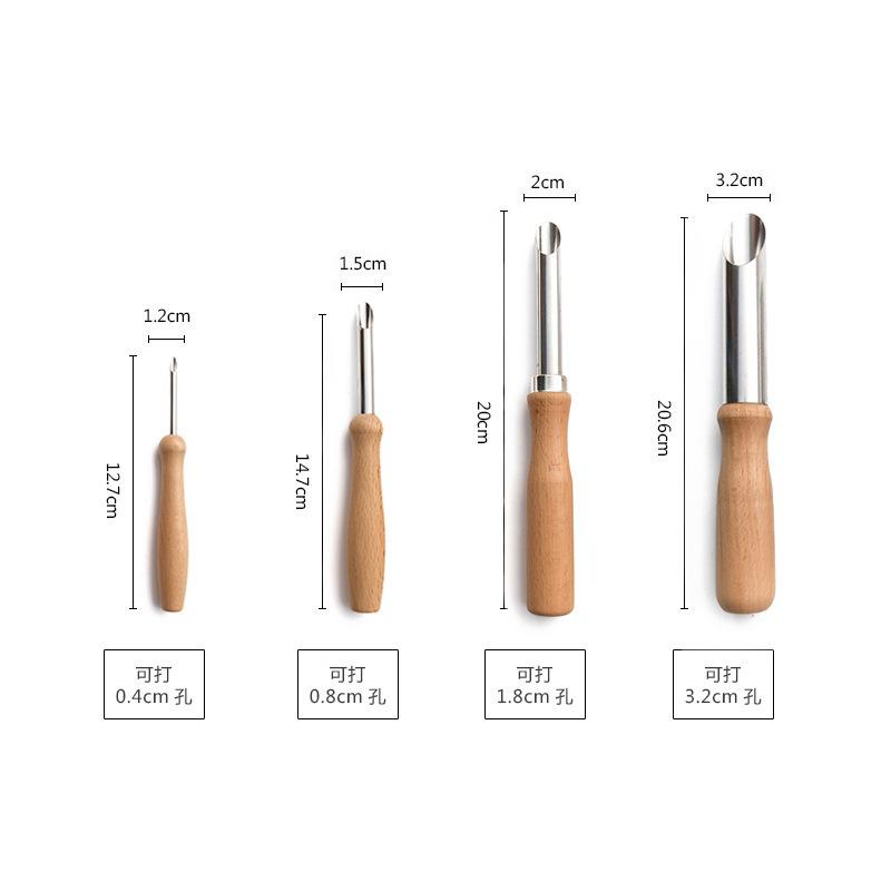 4pcs Round Hole Cutters Set, Stainless Steel Pottery Clay Drilling Tools with Beech Wood Handles