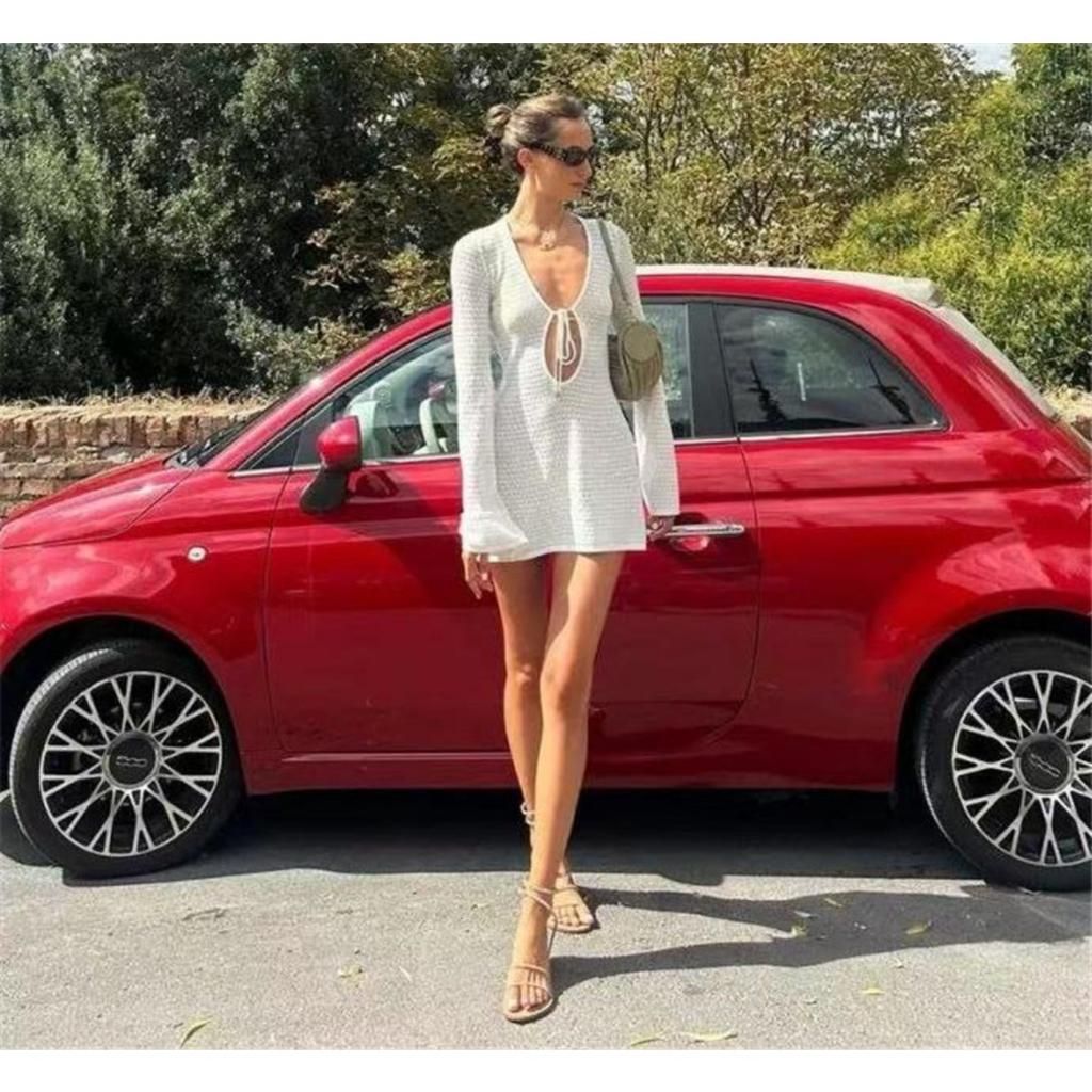 Sváteční Mini šaty s výstřihem, dámské pletené šněrovací s dlouhým zvonovým rukávem, plážové šaty, dámské prázdninové jednobarevné šaty