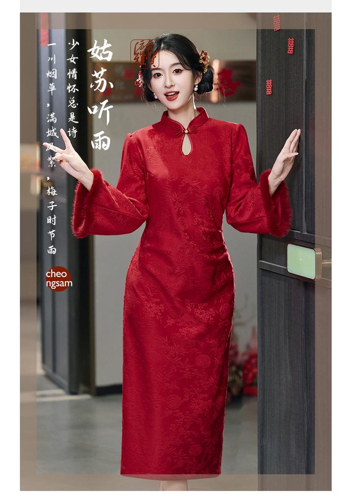 Red cheongsam wedding 1011 new bride toast autumn and winter Chinese engagement dress fleece dress
