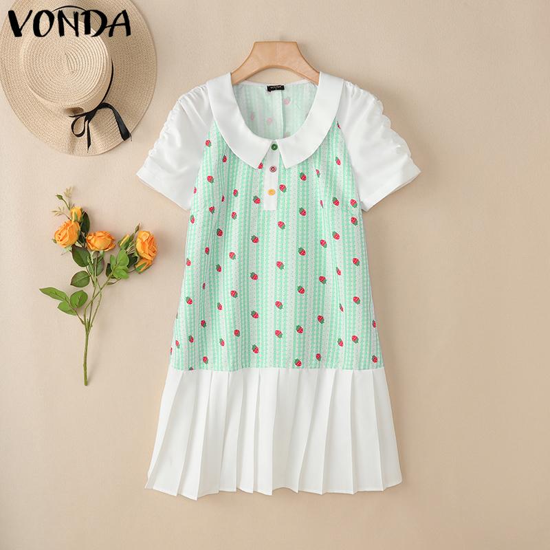

VONDA Women Lapel Neck Short Sleeve Plaid Print Patchwork Ruffled Mini Dress 5XL зелёный