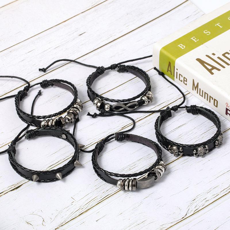 5 Piece Vintage Hip Hop Skull Leather Bracelet for Men's Gothic Punk Teenage Street Jewellery Accessories Man Handmade Bracelet