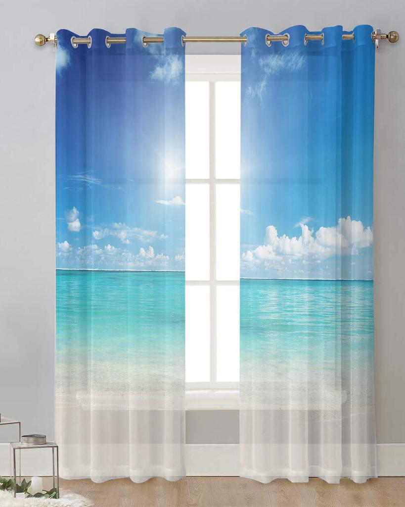 Blue Seaside Beach Clouds Sheer Curtains for Living Room Decoration Window Curtains for Kitchen Tulle Voile Organza Curtains