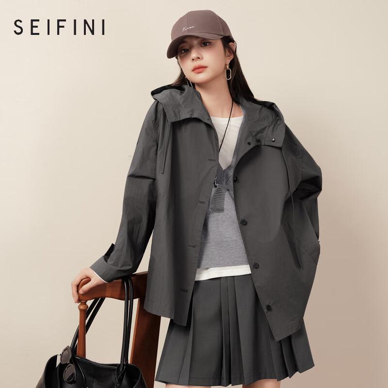 S EIFINI Women s Korean Style Hooded Long Sleeve Trench Coat M