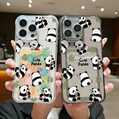 Custodia Trasparente in Silicone Morbido con Motivo Panda Carino e Porta Carte per iPhone 16 Pro Max 15 Pro 14 13 12 11 Copertura per Telefono Sottile Antiurto Trasparente
