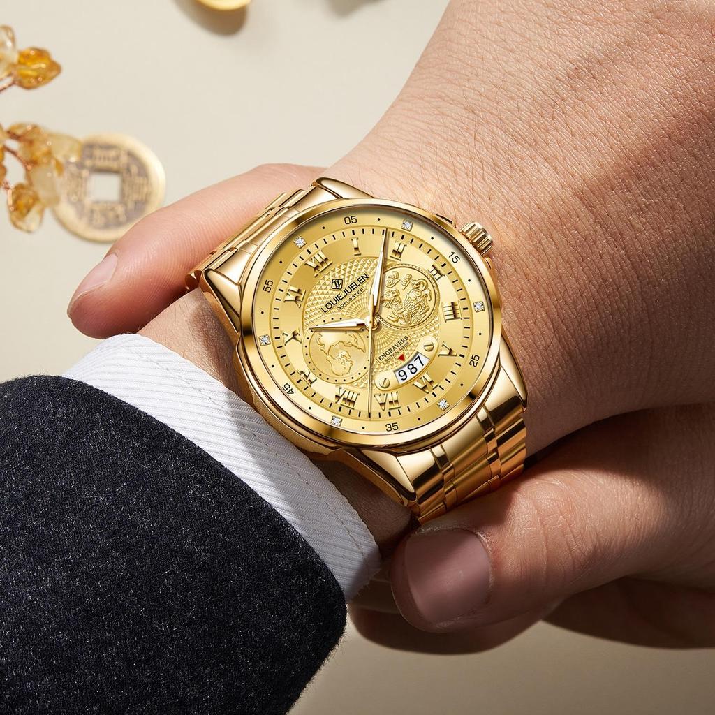 Luxury Gold Engraved Watch for Men Stainless Steel Waterproof Business Quartz Wristwatch with Date, Ideal Gift for Father's Day & Anniversaries