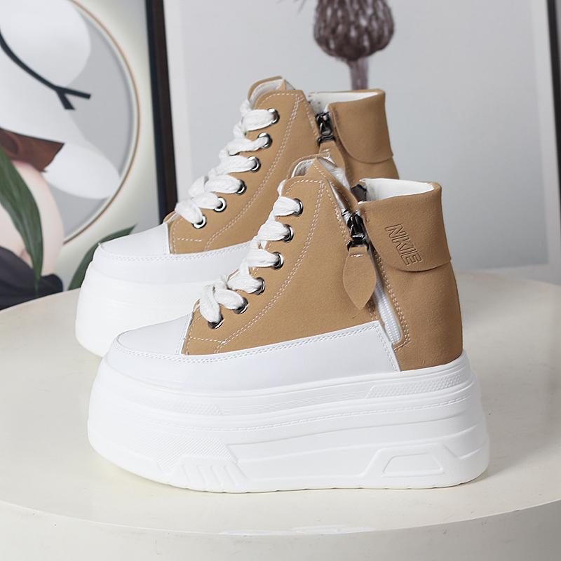 Fashion 12CM Suede Cow Genuine Leather Autumn Ankle Booties Moccasins Chimney Women Chunky Sneakers Boots Spring Fashion Shoes