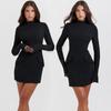 Elegant Dark Blue Solid High Waist Mini Dress Women Fashion Pocket Decora Long Sleeve Bodycon Dresses 2023 Chic Party Club Robes