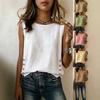 Neues Sommer-Damen-Weste in Unifarbe aus Leinen-Baumwolle, Rundhalsausschnitt, Locker, Lässig, Knöpfe, Ärmellos, Tanktop