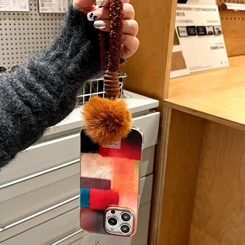New Color blocked Furry Lanyard Mobile Phone Case Suitable for Apple 16promax Swirl Iphone15 Protective Case for Women 13