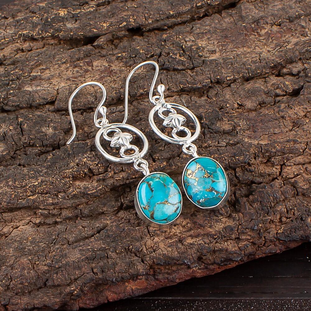 Blue Copper Turquoise Gemstone 925 Sterling Silver Jewelry Handmade Earrings EE-17-38