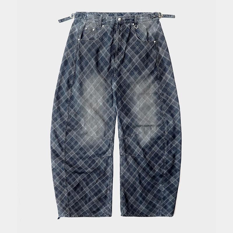 Korean Badblood BCAC Retro Plaid Wide-Leg Denim Jeans for Women XS