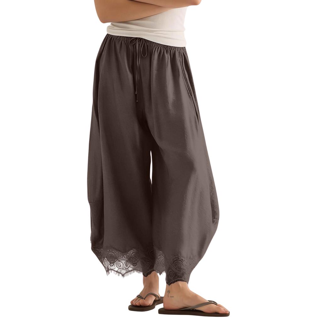 Women's Casual Wide Leg Pants Elastic Waistband Drawstring Bottom Hem Lace Trim Palazzo Trousers for Everyday Wear