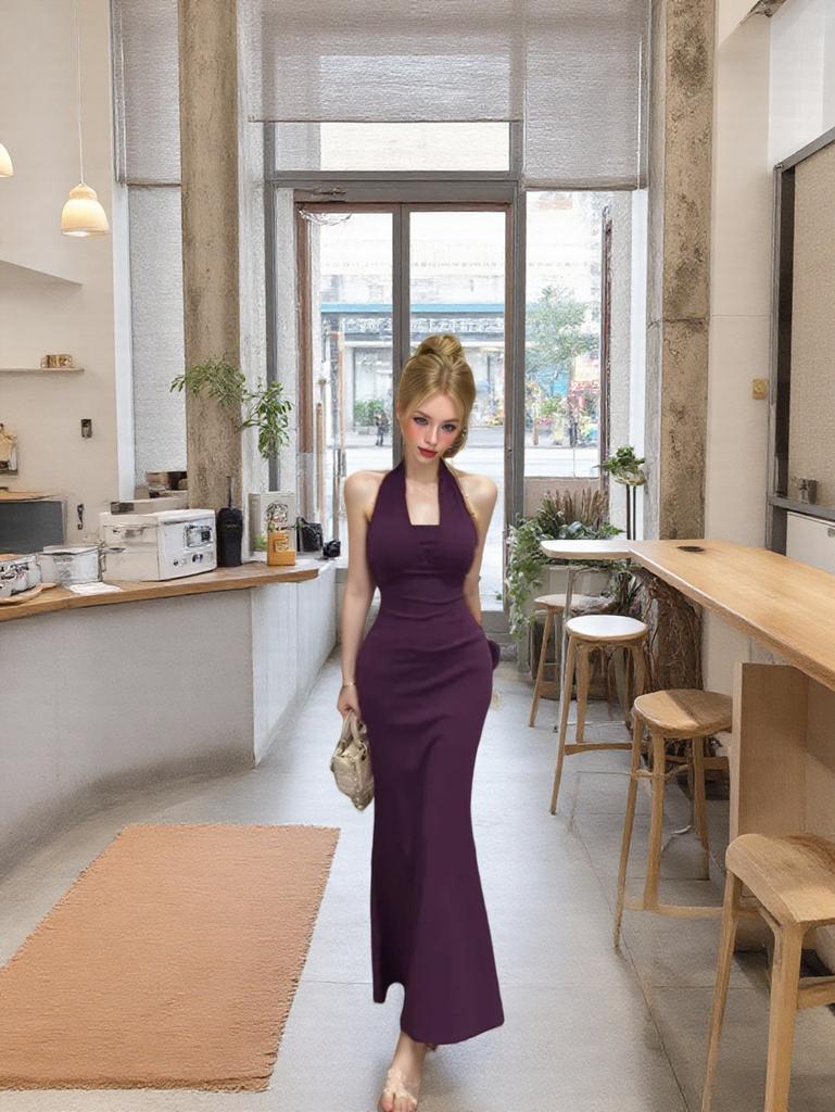Celebrity chain neck strap evening dress suspender skirt women's summer pure desire sexy backless waist dress