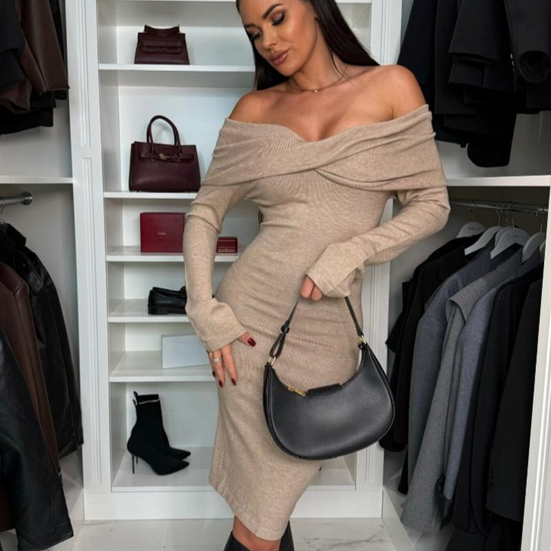Autumn and Winter Long Sleeve Slash Neck Sexy Dress Women High Waist Slim Casual Dresses Women Solid Elegant Vintage Party Club Pencil Dress 25611
