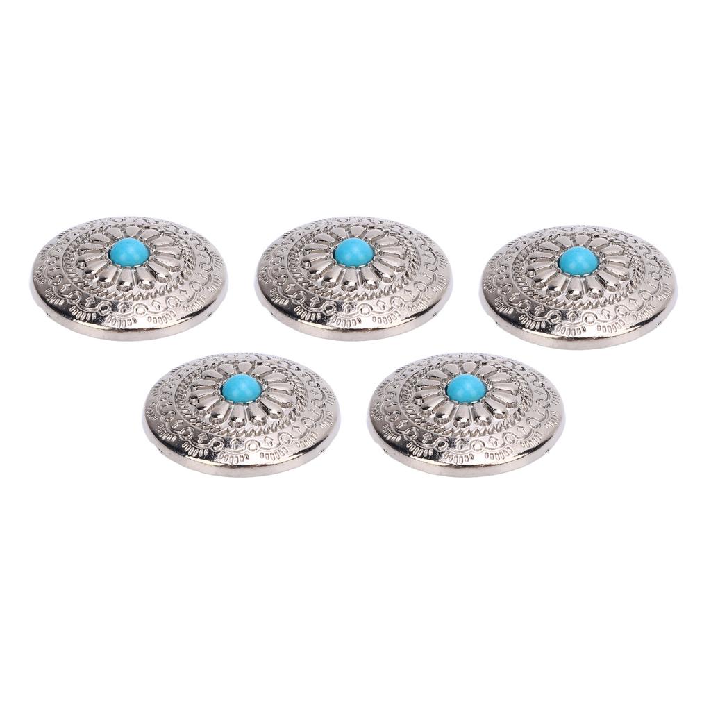 5 Sets Screw Back Button Silver Flower Blue Turquoise 30mm Round Shape Conchos with 4.5mm Screws for Leather Crafts