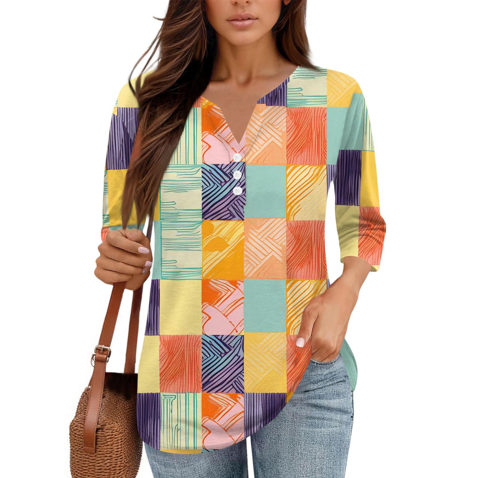 

Women s Floral Print V,Neck Casual Three,Quarter Sleeve Button,Detail Top L жовтий