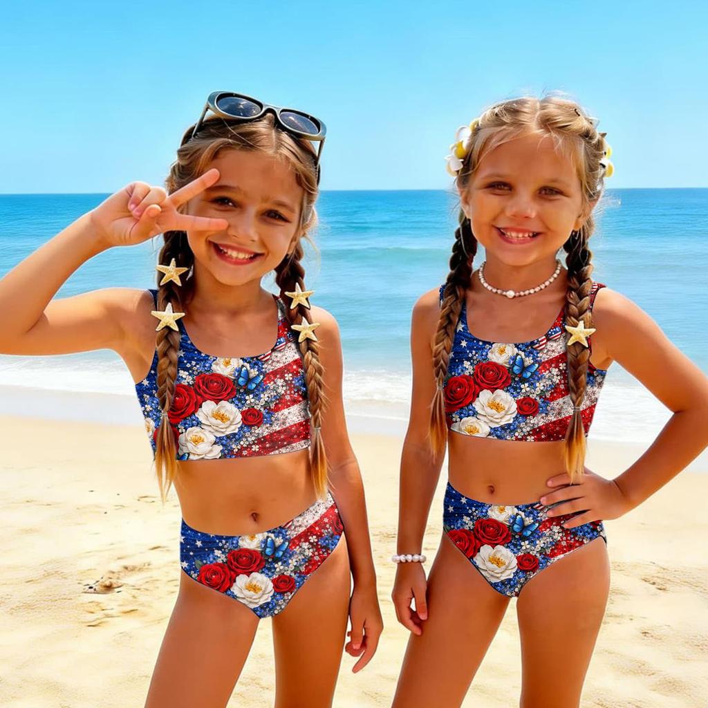 Girls Two Piece Swimsuit Set Summer Tankini Top and High Waist Bottoms Floral Print Lightweight Swimwear for Kids Beach Pool