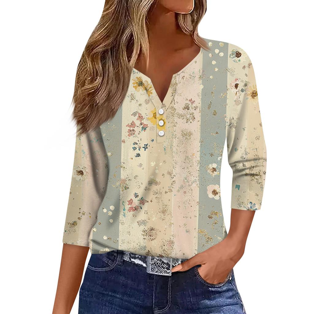 Damska koszulka T-shirt z nadrukiem Rękaw 3/4 Codzienny weekend Moda Podstawowy Dekolt w kształcie litery V Regularny top