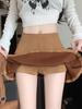 Women's Black Deerskin Velvet High-Waisted Slimming A-Line Mini Skirt with Anti-Exposure Pleats - Autumn/Winter Casual Skirt Pants