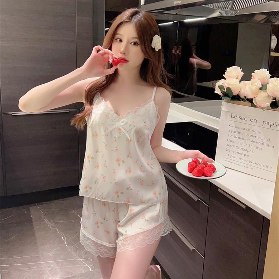 Summer New Pajamas Women's Ice Ribbon Chest Pad Printing Series Short Hanging Shorts Pure Desire Wind Lace Loungewear Set