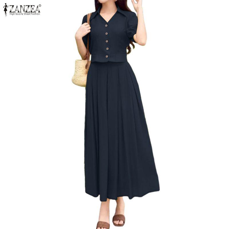 ZANZEA Blusa a Maniche Corte da Donna e Gonne Lunghe Estive Set Completi Due Pezzi