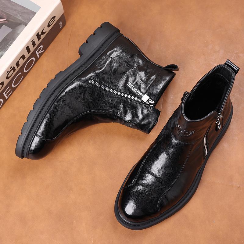 Men's Genuine Leather High Top Winter Boots - Warm Velvet-Lined Casual Martin Boots in British Style.