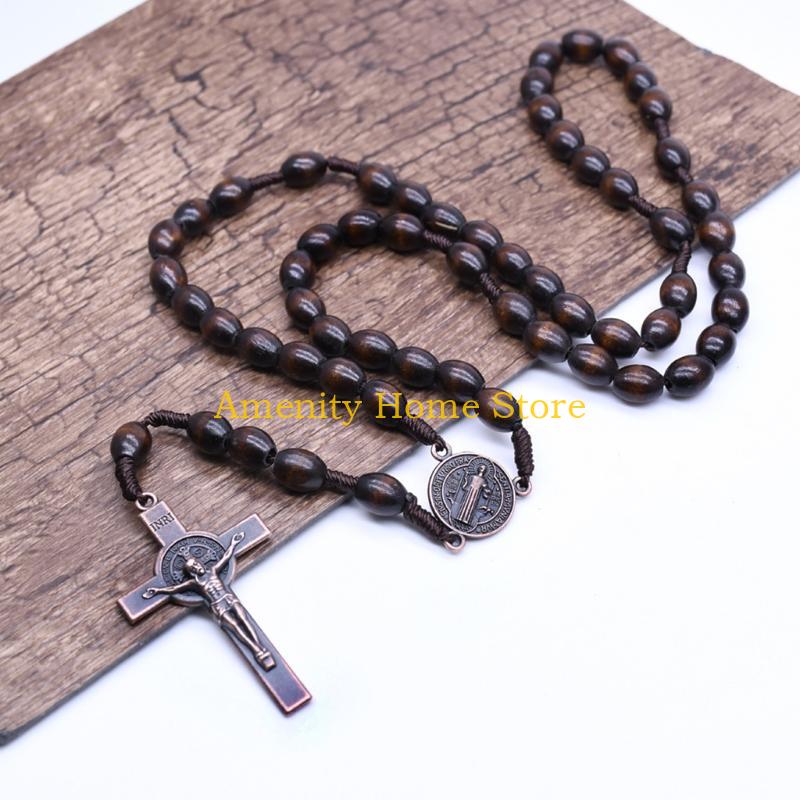 F26C Wooden Beads for Cross Pendant Necklace For Women Wood Beads Cord Rosary Necklace Holy Jerusalem Catholic Gift Handmade