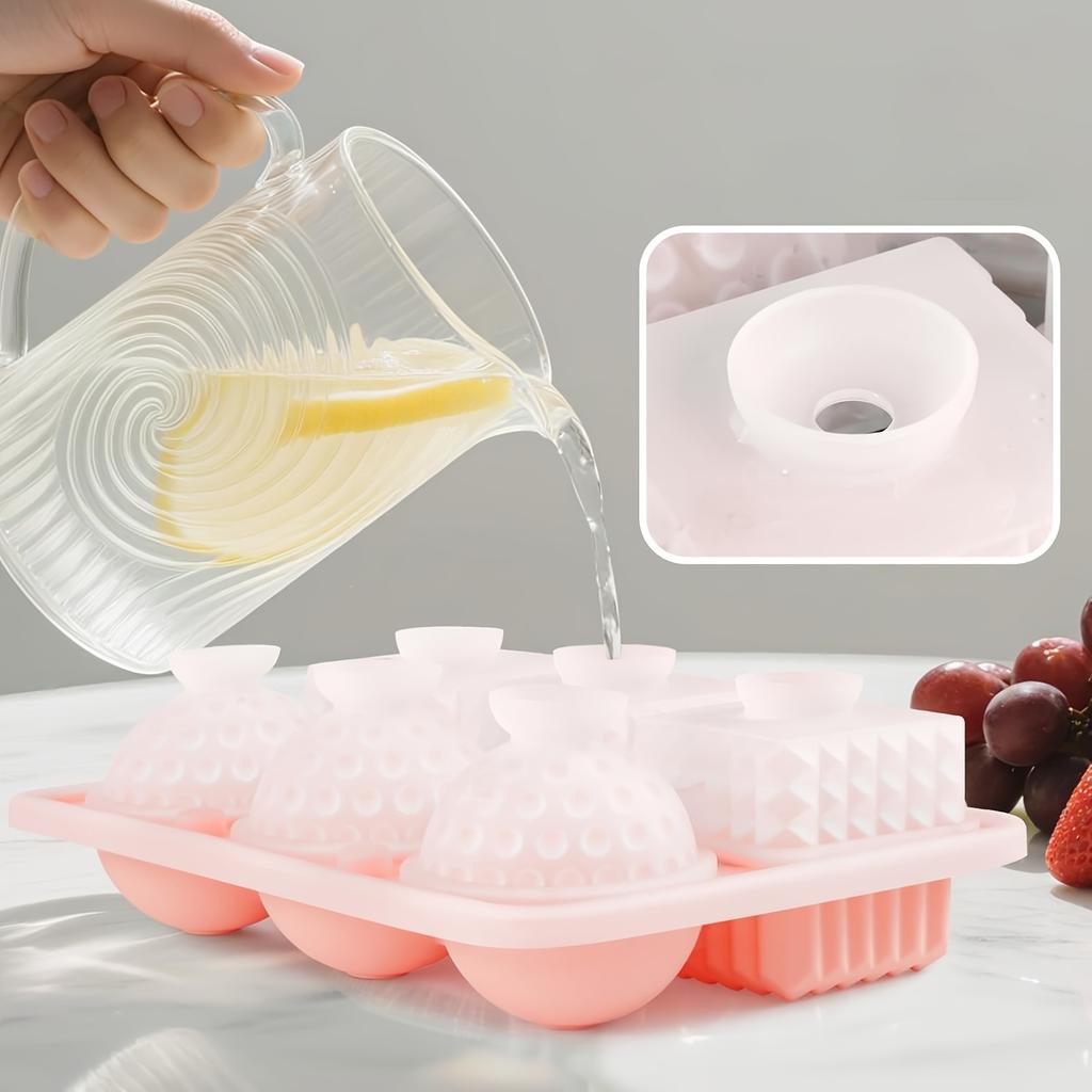 Large Silicone Ice Cube Tray, 3 Large Crystal Cubes and 3 Spherical Golf Ice Trays, with Fun Shaped Ice Maker Molds, 6 Hole Ice Mold with Funnel