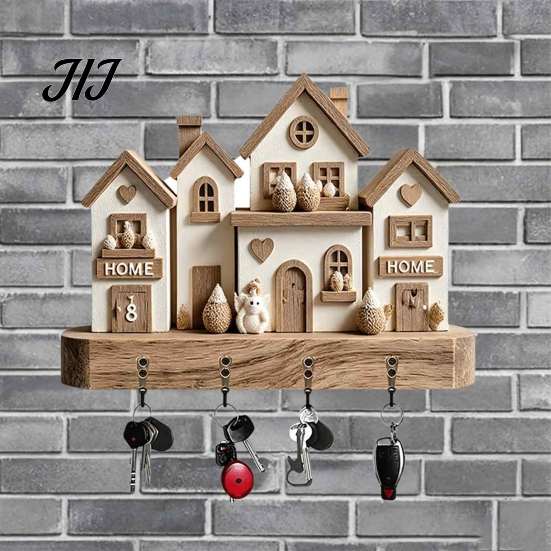 Vintage Campervan Wall Art Wooden Key Holder Rack, Camping RV Pattern Rack with 4 Hooks, Hook for Home 2D Farmhouse Mount Organizer Entryway