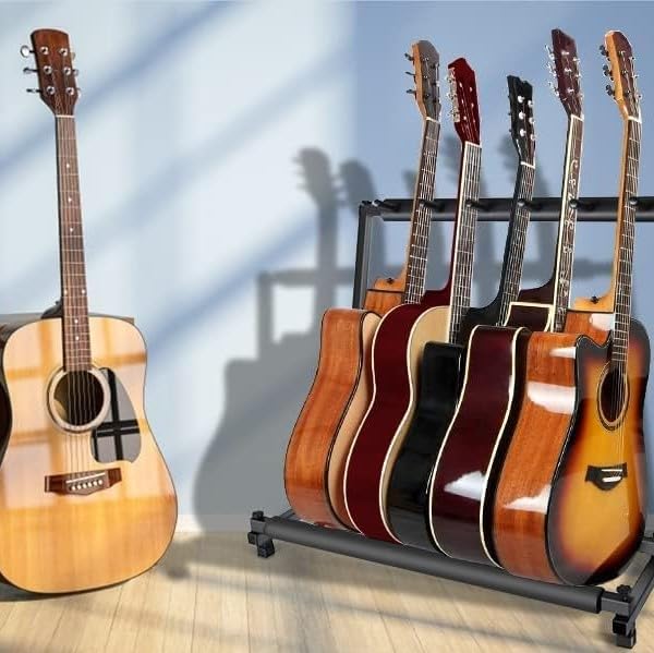 Saeda Guitar Stand, Holds 5 Guitars, Anti-Tip, Stable, Foldable Storage, Protects Instruments, Durable, Easy To Store, Brackets, Multiple Guitar