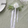 Weather Resistant Car Decor Wedding Door Handle Flower with Ribbon Tie And Green Leaves, White Artificial Realistic Petal Rose Rearview Mirror Bouquet