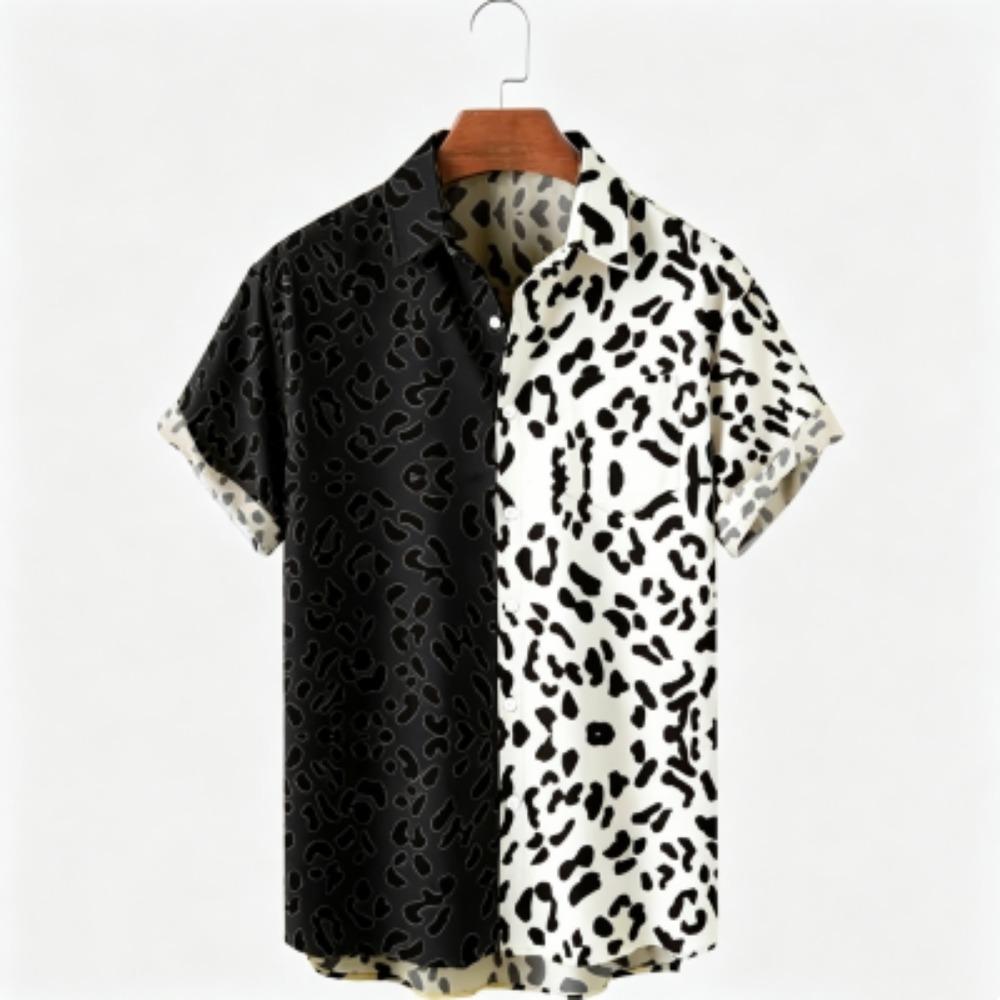 Camicia Estiva Bicolore con Stampa Leopardo Abbigliamento da Vacanza Hawaiana Moda Maschile Camicia Stile Spiaggia Camicia Quotidiana da Uomo e Donna