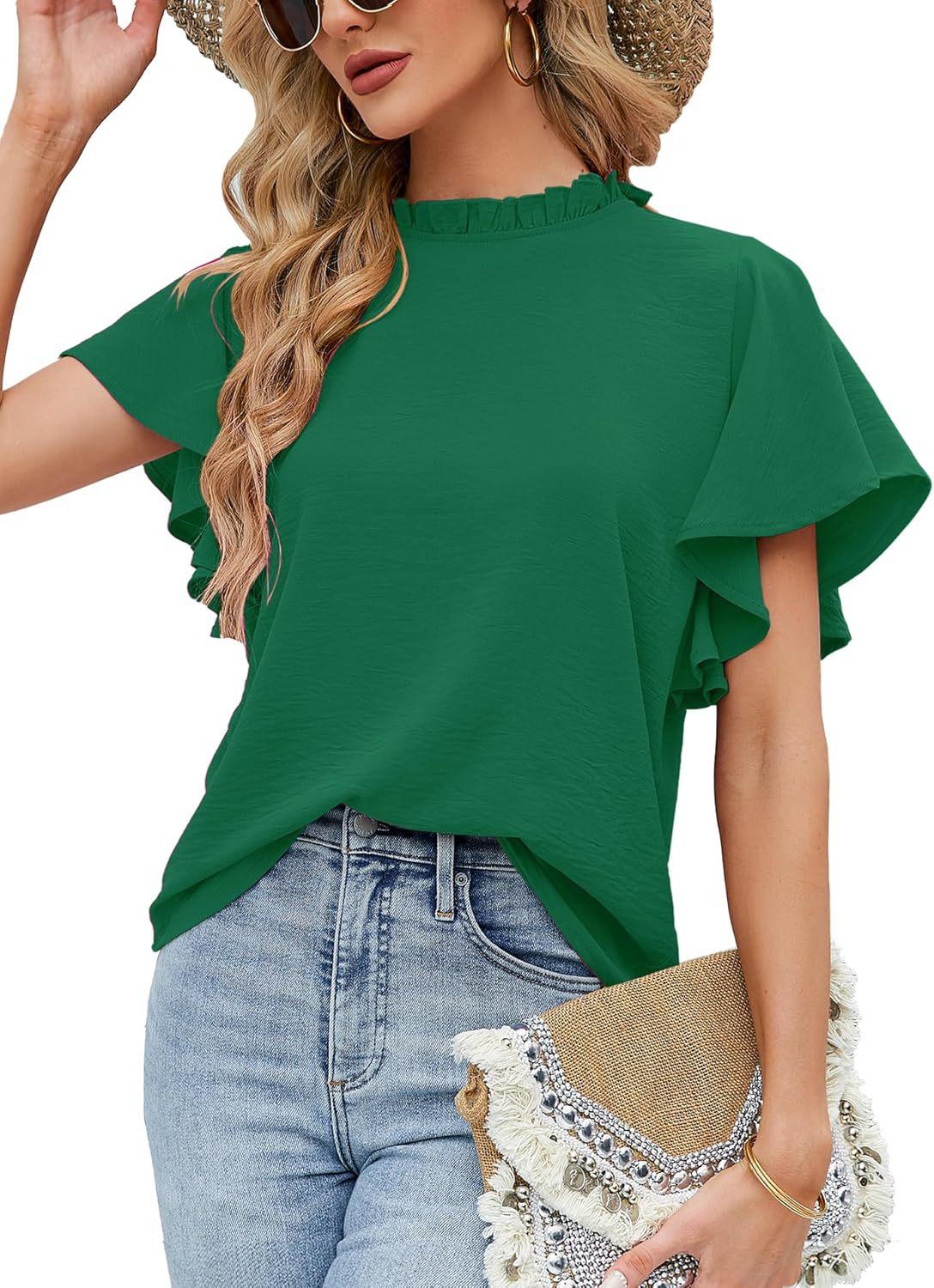 Women Summer Ruffle Mock Neck Short Sleeve Casual Blouse S