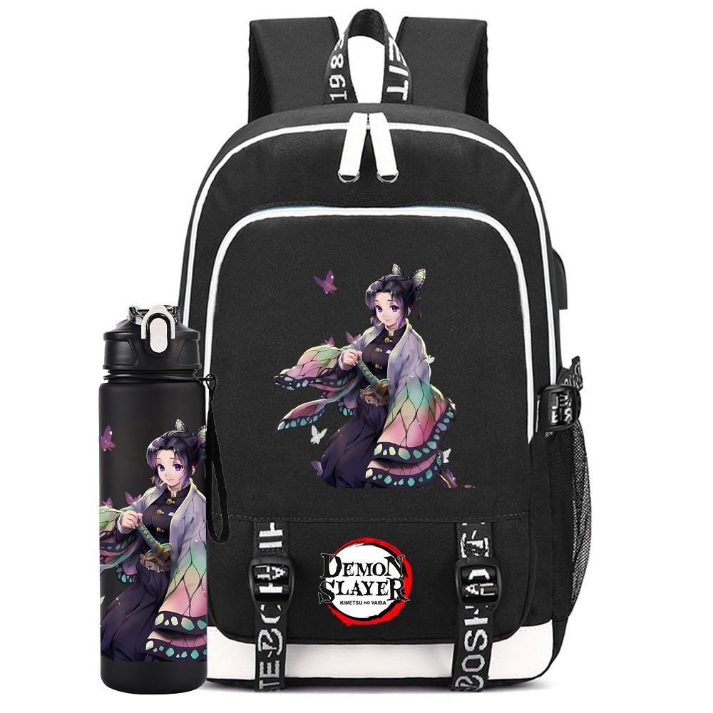 2Pcs/set Anime Demon Slayer Printed Backpack Large Capacity Waterproof Bookbag With 750ml Water Bottler Laptop Student Boy Girl Bookbag Gift