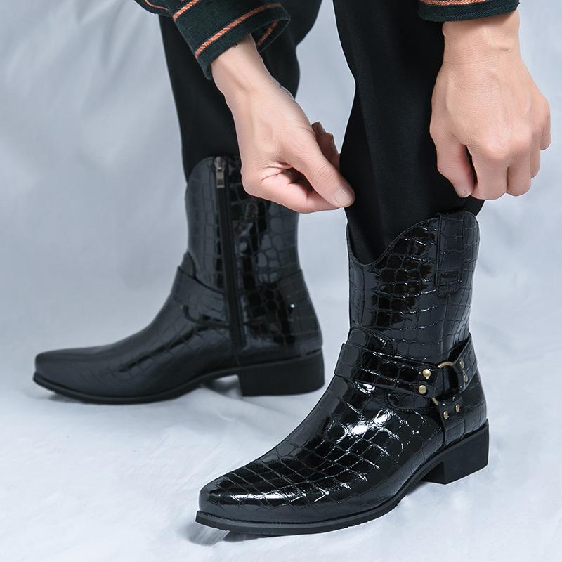 Men's High-Top Retro Embossed Leather Boots with Side Zipper - Plus Size Autumn/Winter British Martin Style.