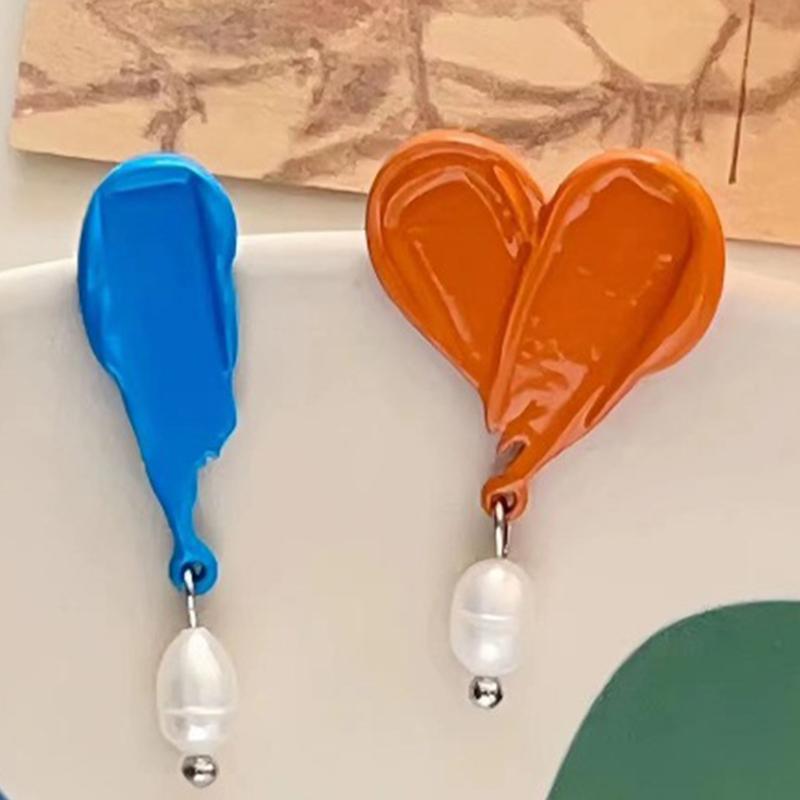 French Retro Oil Painting Colorful Asymmetrical Pearl Drop Earrings For Women Girls Unique  Romantic Jewelry Gift