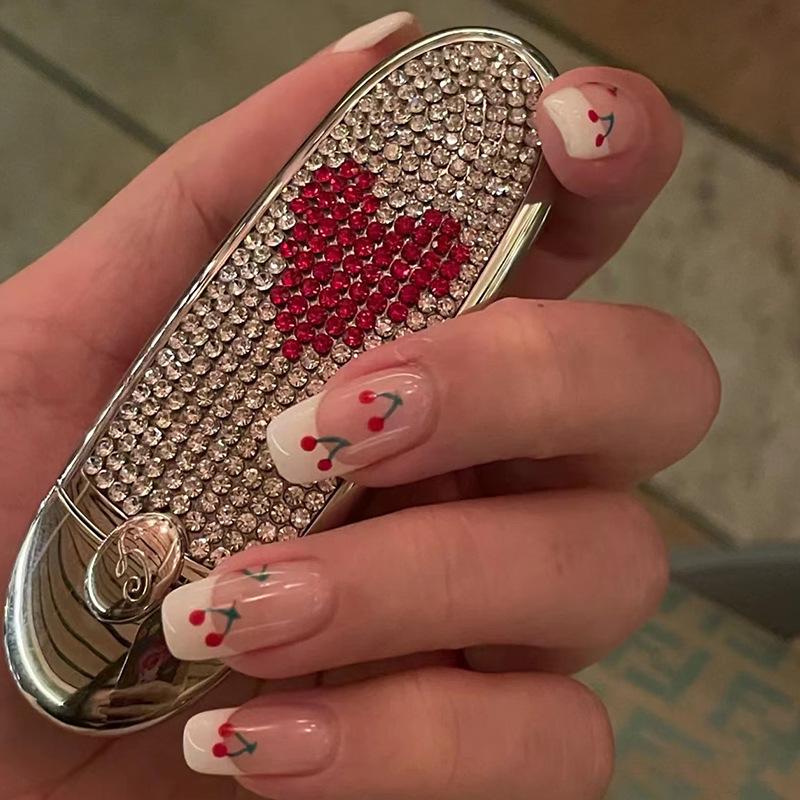 Simple French Cherry Press-on Nails: Short, Cute, Girly Whitening Manicure Tips