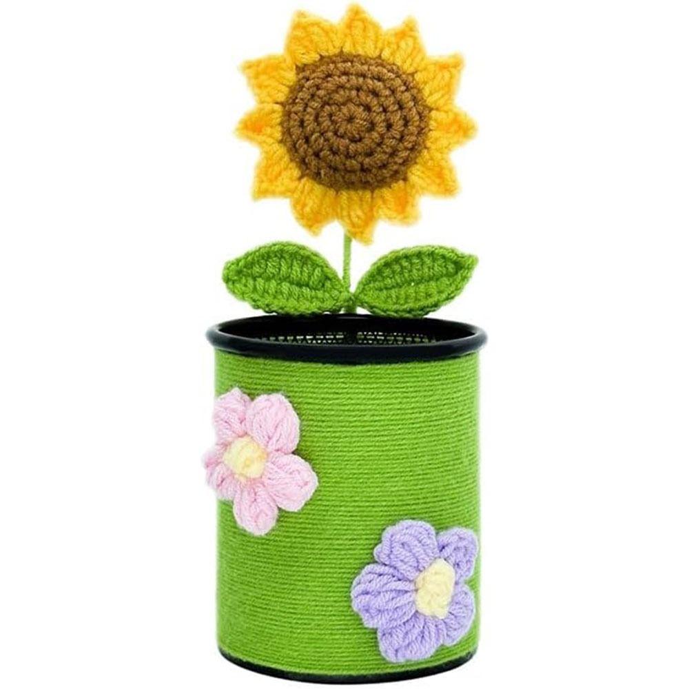 Handmade Crochet Sunflower Pen Holder Cute Simulated Flower Knitted Flowers Pencil Organizer Creative Durable Desk Pencil Holder