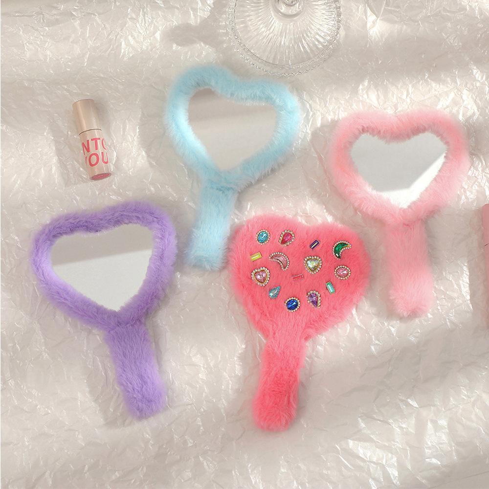 Plüschgriff Spiegel Tragbar Herzform Make-up Spiegel Diamant Kosmetikspiegel Für Mädchen Frauen Kreatives Geschenk Heimdekoration