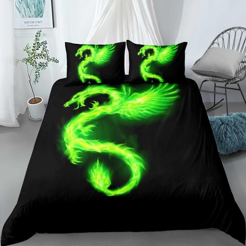 Sady povlečení pro dospělé se zvířaty Velikost Full/Queen/King Polyester 3D Létající drak s křídly Modré ohnivé pozadí Černá sada povlečení