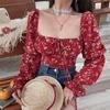 2025 Elegant French Floral Square Neck Puff Sleeve Lace-up Top for Women