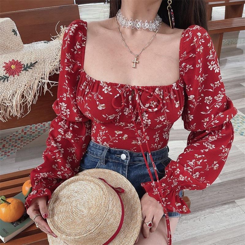 2025 Elegant French Floral Square Neck Puff Sleeve Lace-up Top for Women