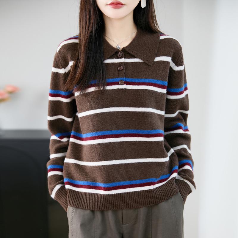 Korean Striped Knit Polo Sweater - Women's Autumn/Winter, Thick & Warm, Age-Reducing, Versatile Top