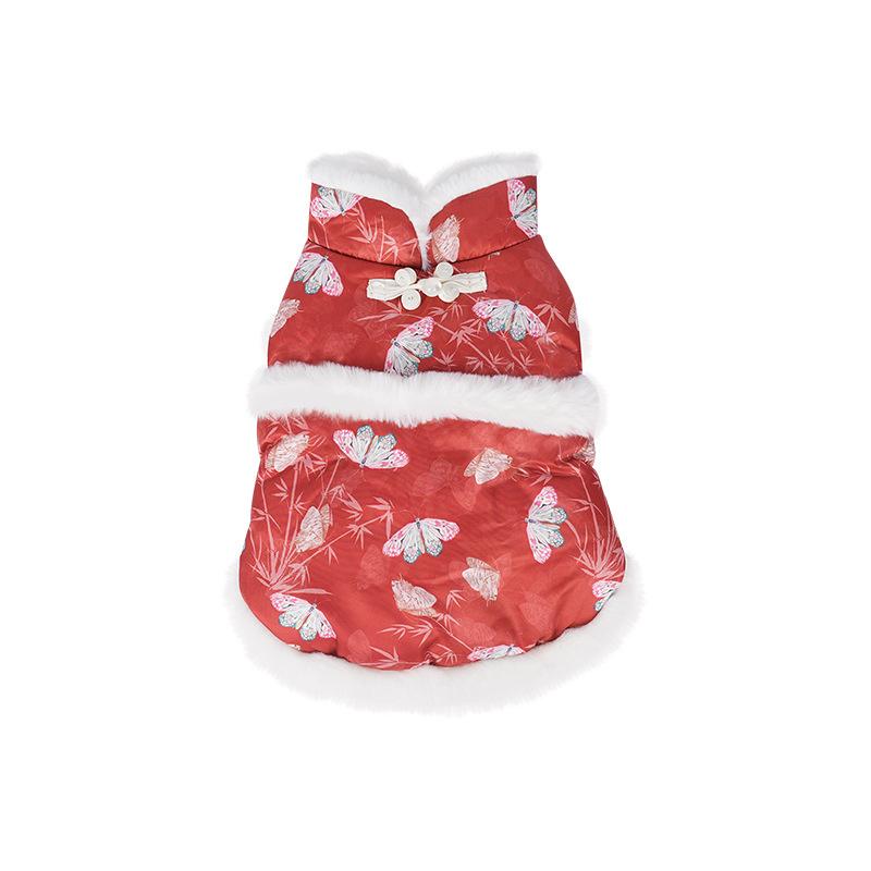 

Pet autumn and winter clothes, New Year s Day, Chinese New Year clothes, Schnauzer Teddy dog thickened sleeveless two-legged cotton clothes M